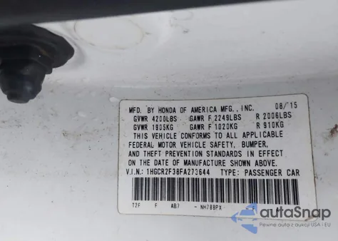 2015 Honda Accord Lx from USA, damaged, VIN 1HGCR2F38FA273644